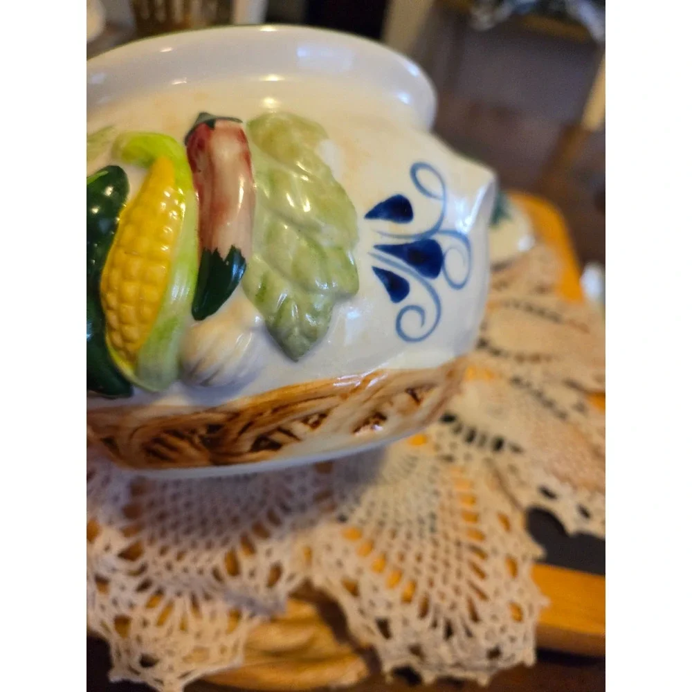 vintage handpainted ceramic vegetable covered dish. Cottagecore  GrannyCore Farm